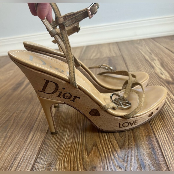 DIOR Christian Dior Love Peace Wooden Platform Heels Sandals Tan Size 39, 9-8.5 - Picture 1 of 14
